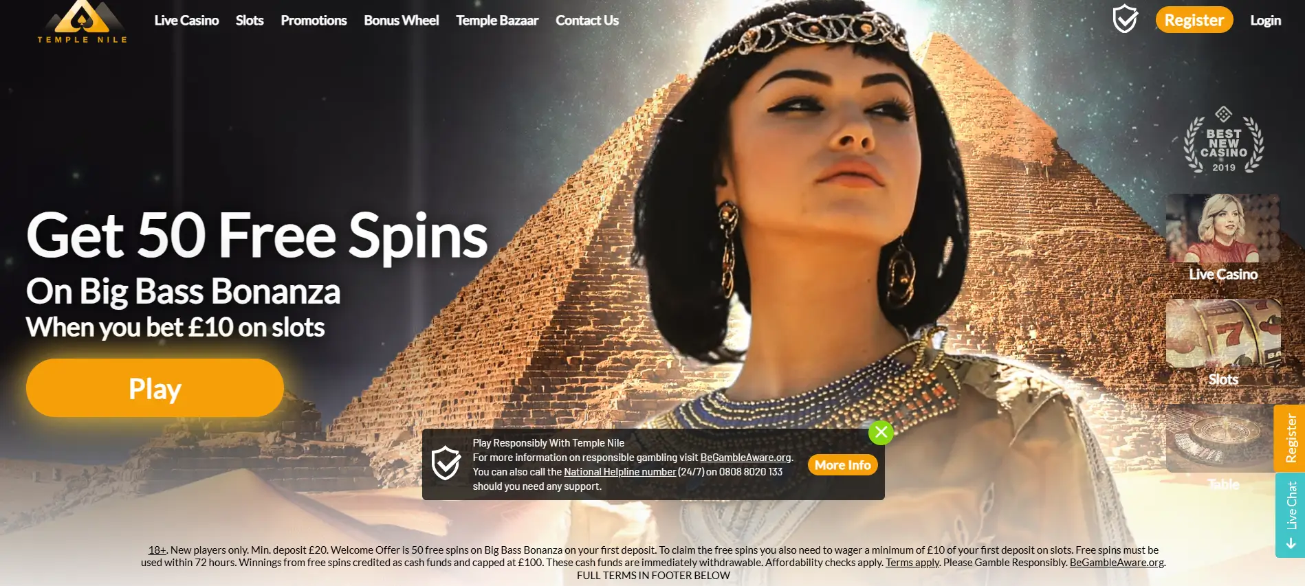 Temple Nile -etusivu ilmaiskierrosten bonuksella, pyramiditeemalla ja online-kasinon promootiolla